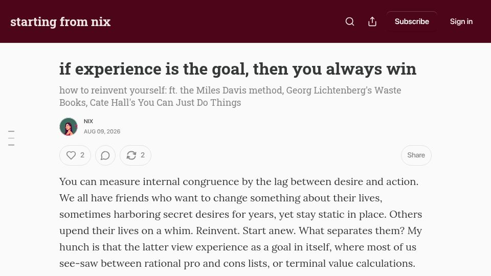 Screenshot of startingfromnix.com: If experience is the goal, then you always win