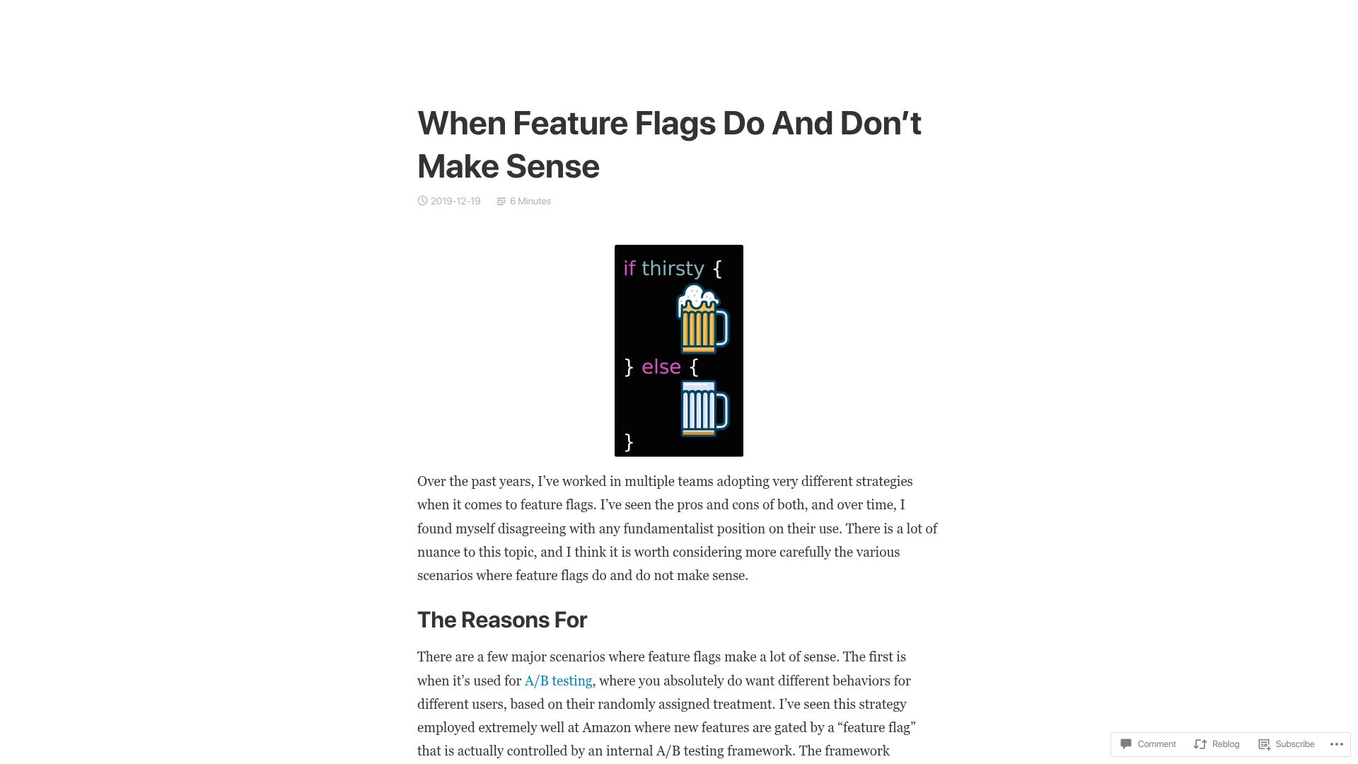 Screenshot of software.rajivprab.com: When Feature Flags Do and Don't Make Sense (2019)