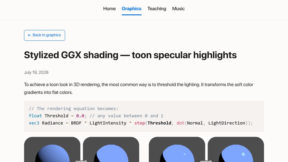 Screenshot of alexandrelamure.github.io: Stylized GGX Shading