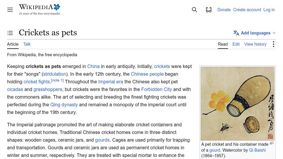 Screenshot of en.wikipedia.org: Crickets as pets