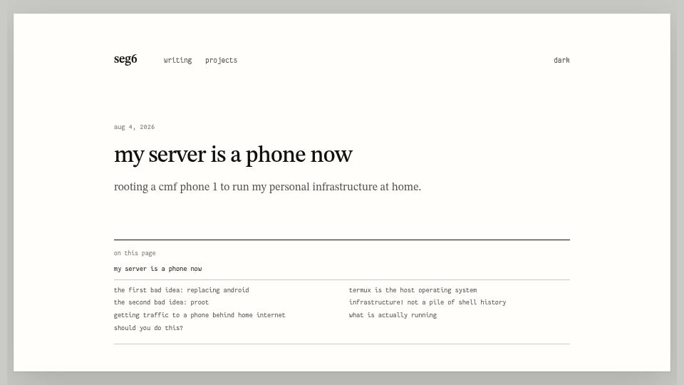 Screenshot of seg6.space: My server is a phone now