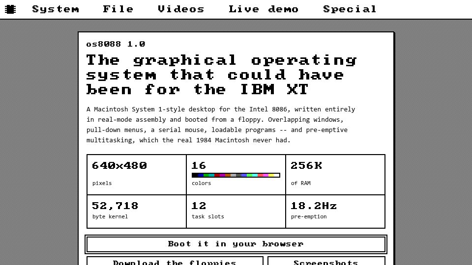 Screenshot of os8088.com: Os8088: A powerful Mac-like OS for the IBM XT, 286, 386