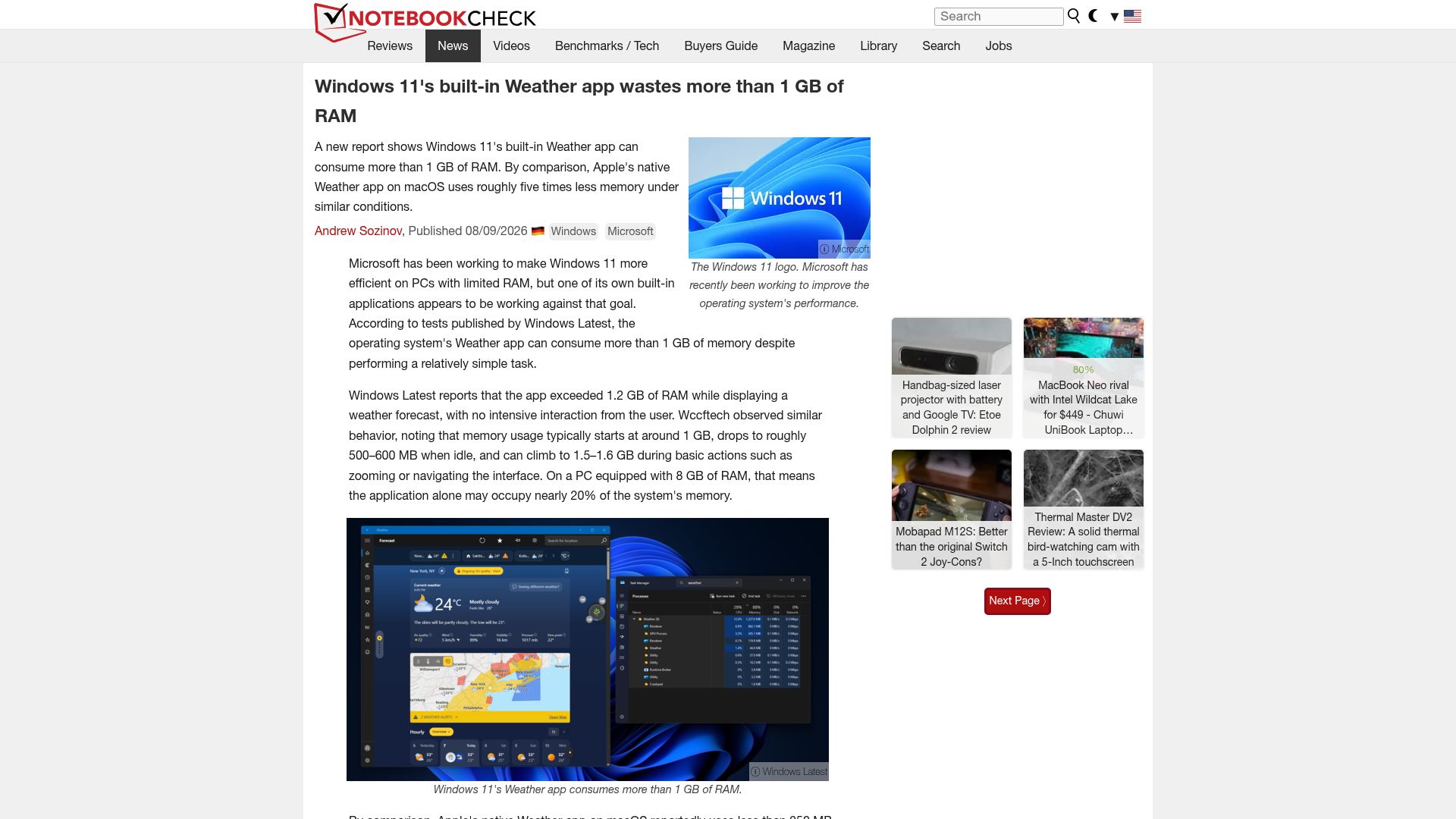 Screenshot of notebookcheck.net: Windows 11's built-in Weather app wastes more than 1 GB of RAM