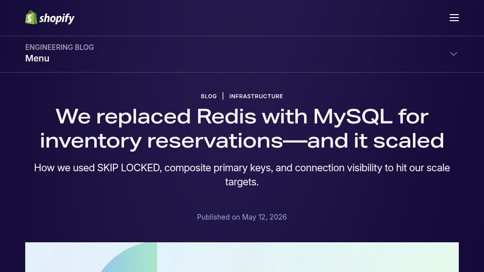 Screenshot of shopify.engineering: We replaced Redis with MySQL for inventory reservations and it scaled