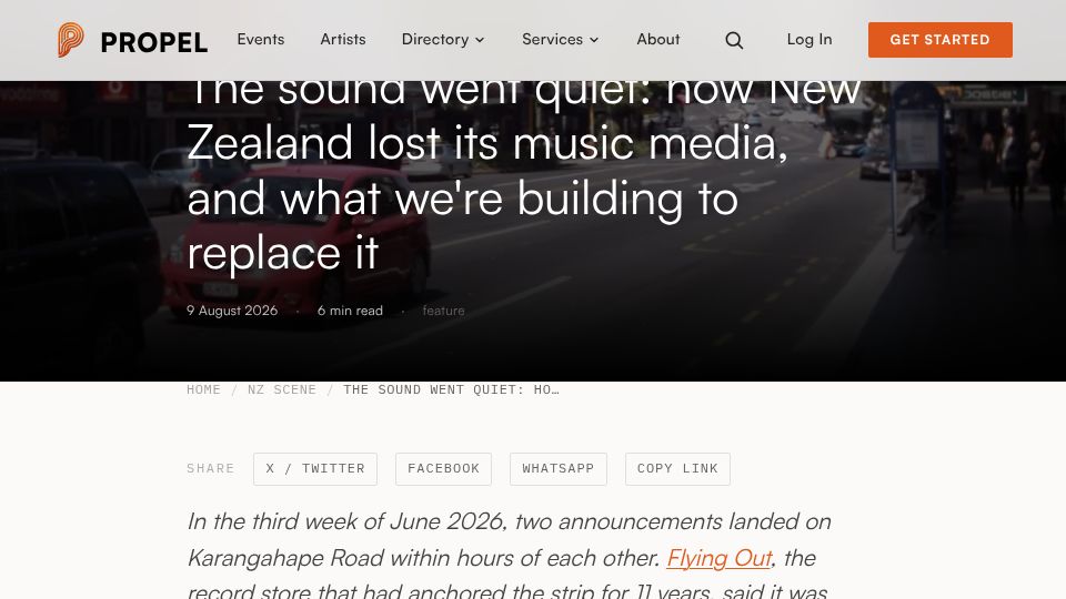 Screenshot of propelmusic.co.nz: New Zealand lost its music media, and what we're building to replace it