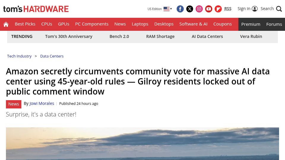 Screenshot of tomshardware.com: Amazon circumvents Gilroy community vote for AI data center