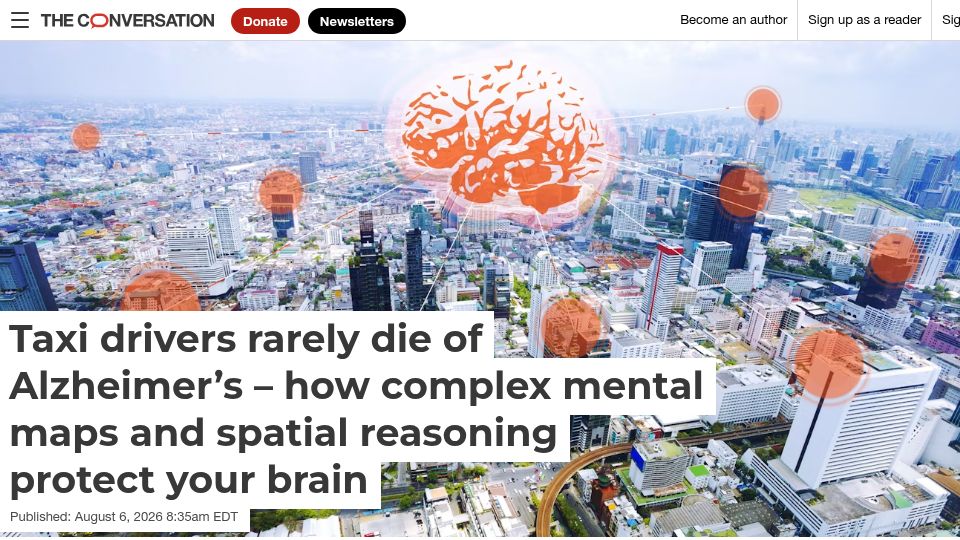 Screenshot of theconversation.com: Taxi drivers rarely die of Alzheimer's