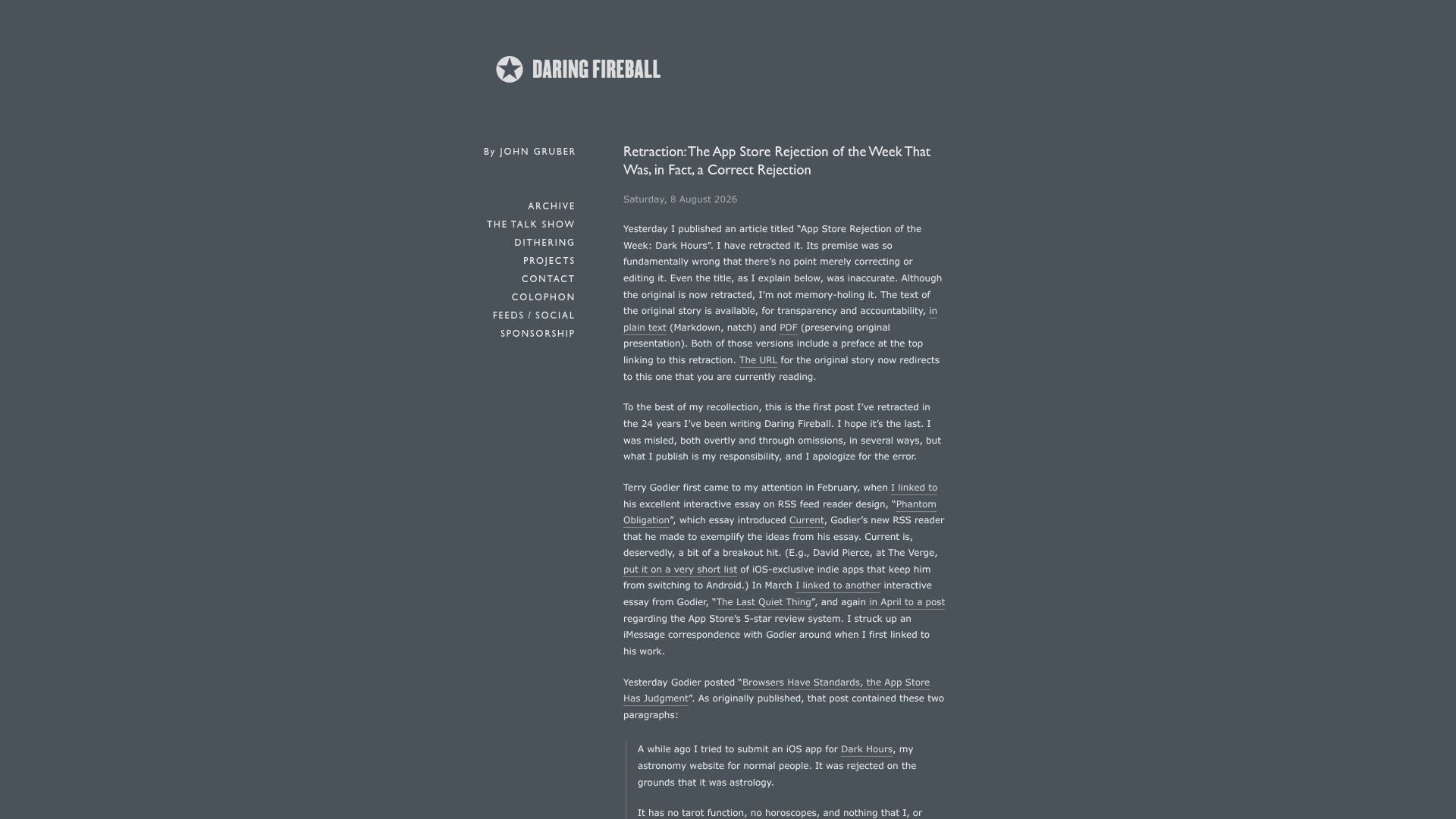 Screenshot of daringfireball.net: Retraction: The App Store Rejection of the Week That Was a Correct Rejection