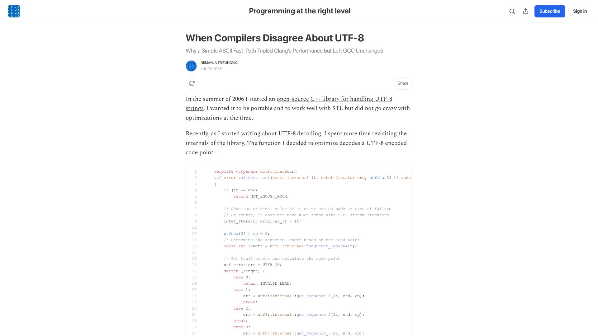 Screenshot of nemanjatrifunovic.substack.com: When Compilers Disagree About UTF‑8