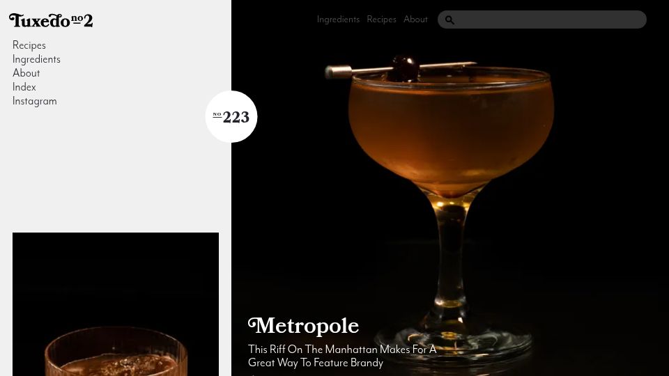 Screenshot of tuxedono2.com: Tuxedo No. 2 – Cocktail recipes