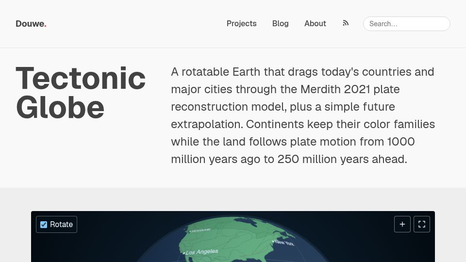 Screenshot of douwe.com: Show HN: Today's cities on a globe of Earth's tectonic past and future