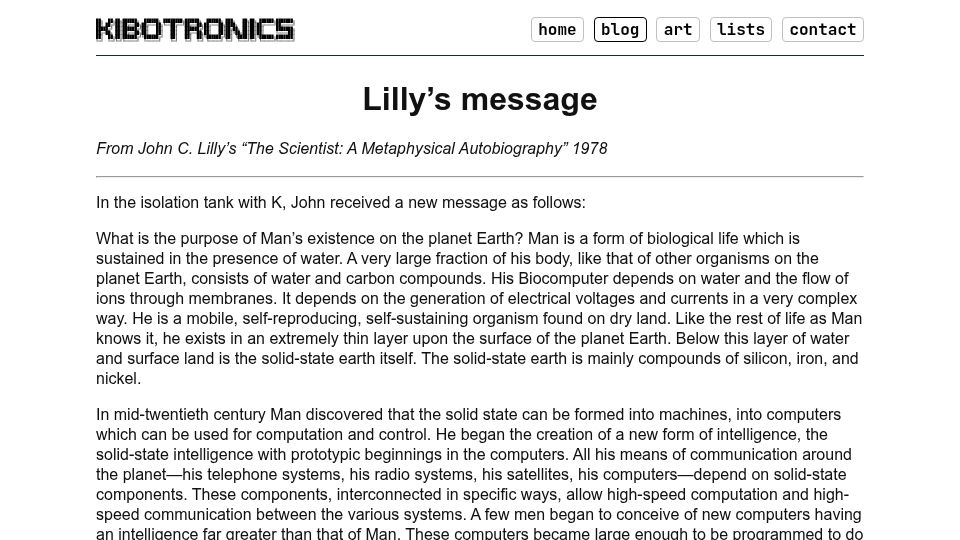 Screenshot of kibotronics.net: John C. Lilly on solid state intelligence and the elimination of man (1978)