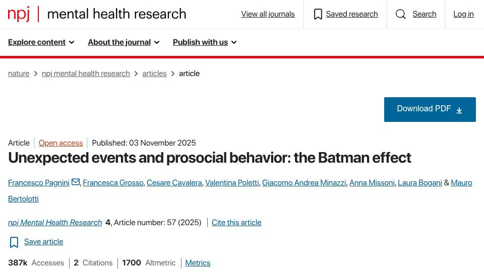 Screenshot of nature.com: Unexpected events and prosocial behavior: the Batman effect (2025)