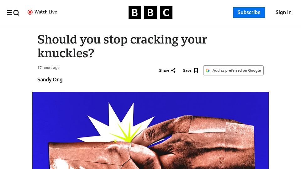 Screenshot of bbc.com: Should you stop cracking your knuckles?