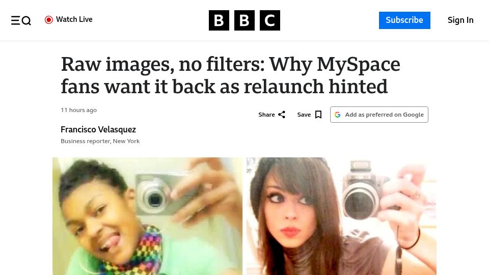 Screenshot of bbc.com: Why MySpace fans want it back as relaunch hinted