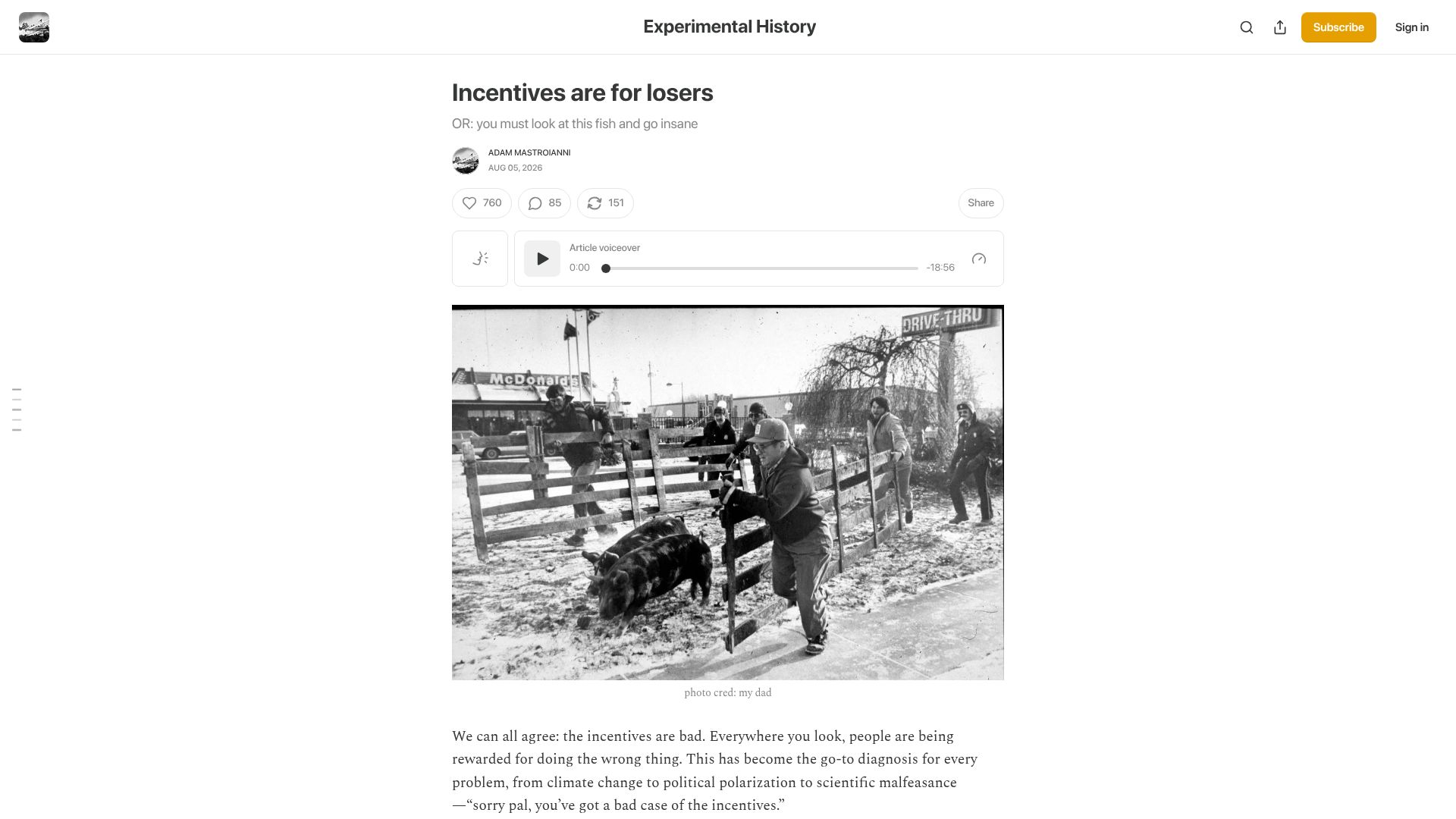 Screenshot of experimental-history.com: Incentives are for losers