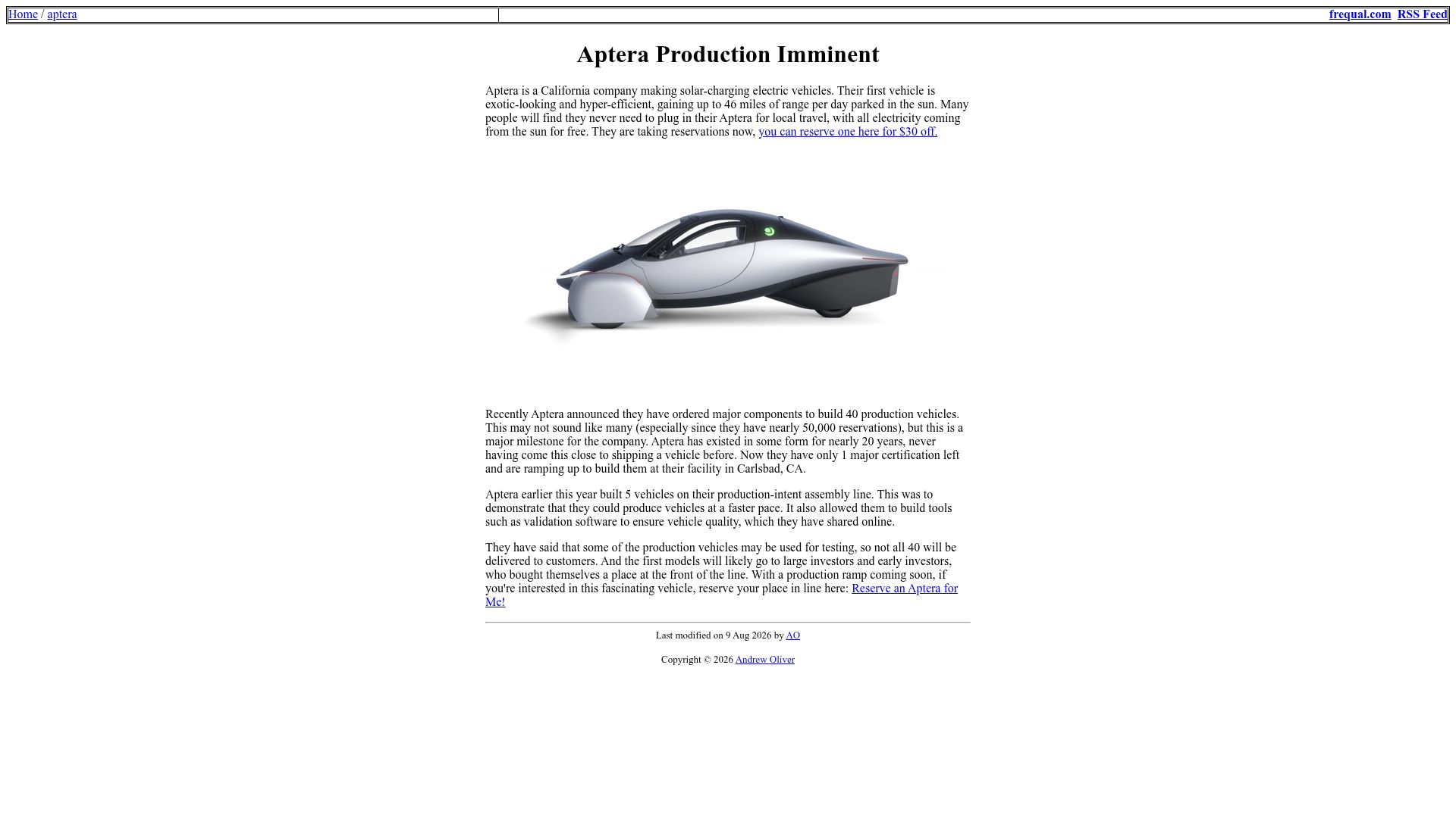Screenshot of frequal.com: Production Imminent: 40 Solar-Charging Aptera EVs Coming Soon