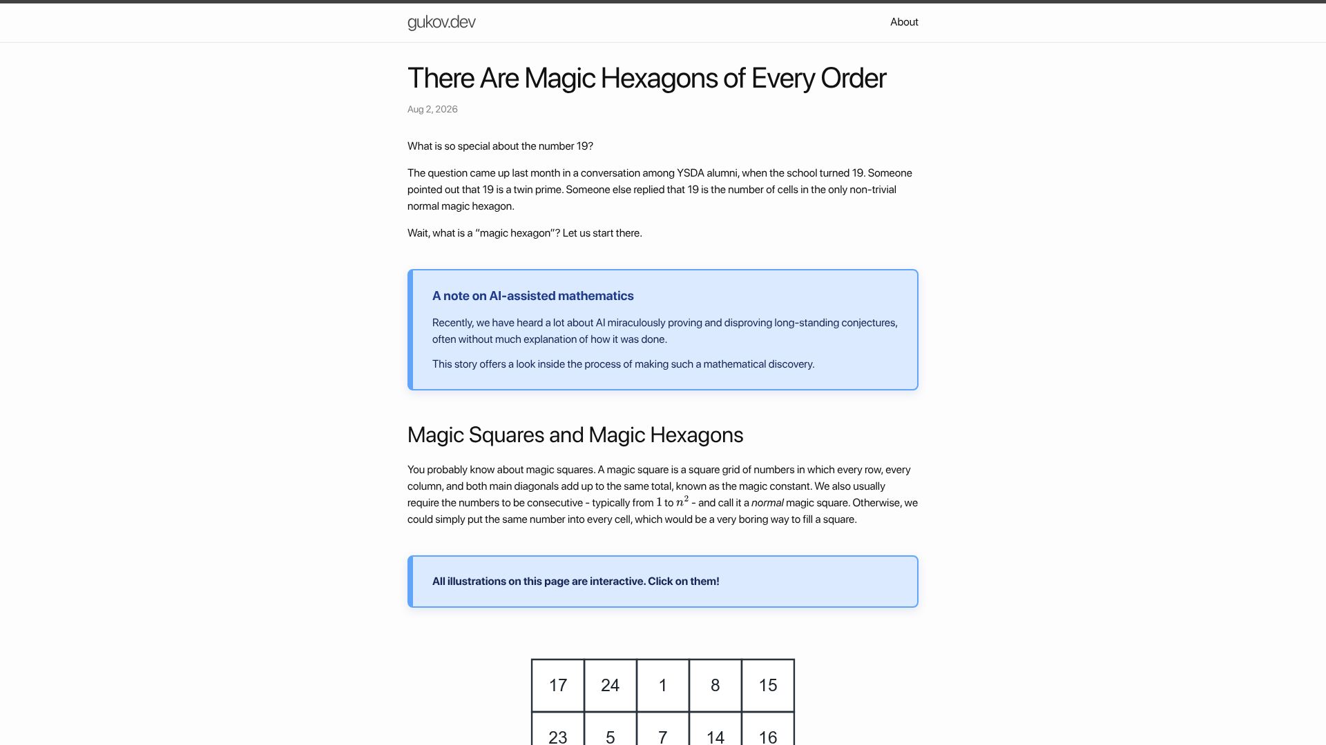 Screenshot of gukov.dev: There Are Magic Hexagons of Every Order