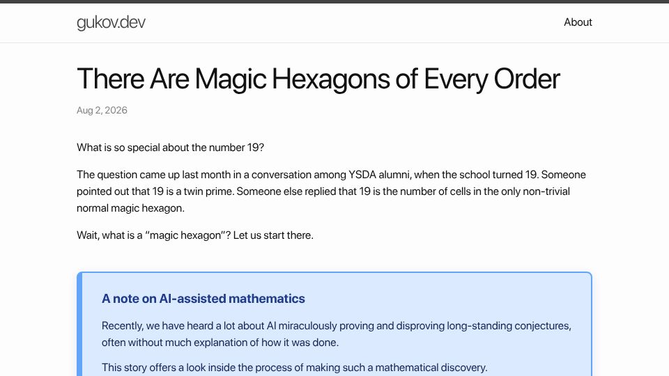 Screenshot of gukov.dev: There Are Magic Hexagons of Every Order