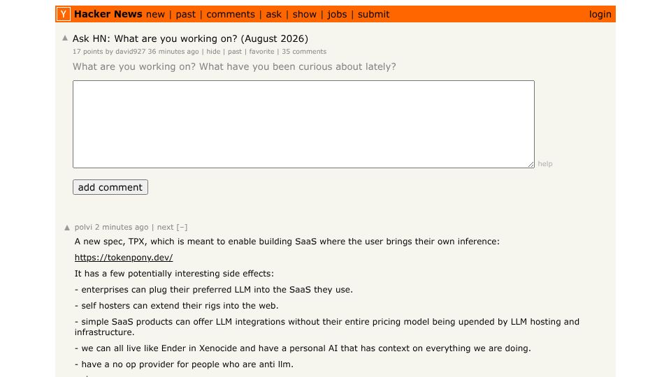 Screenshot of Hacker News post: Ask HN: What are you working on? (August 2026)