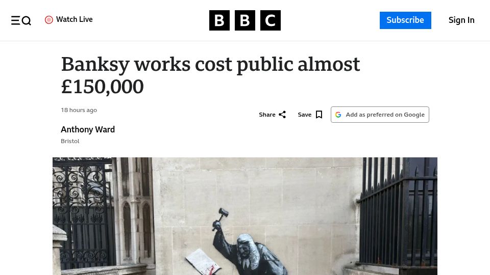 Screenshot of bbc.co.uk: Banksy works cost public almost £150k