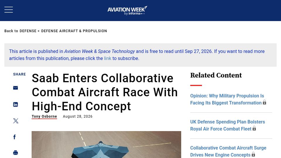 Screenshot of aviationweek.com: Saab has unveiled its A3 collaborative combat aircraft concept