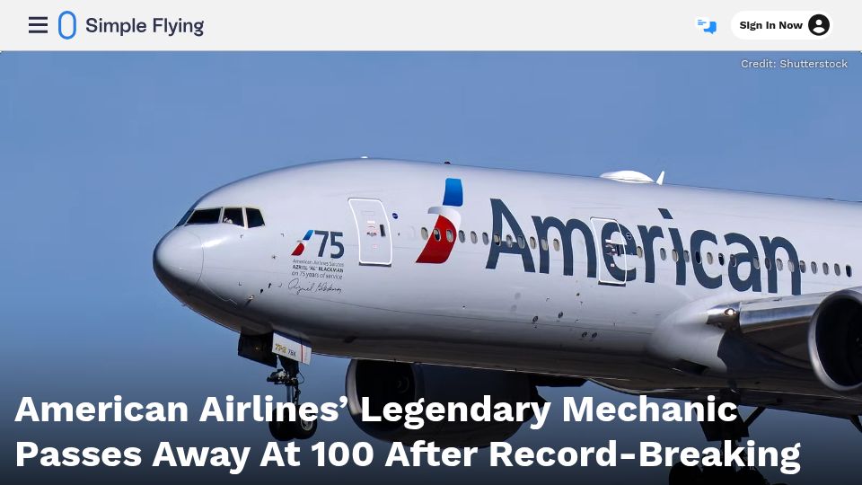Screenshot of simpleflying.com: American Airlines mechanic Azriel “Al” Blackman has died