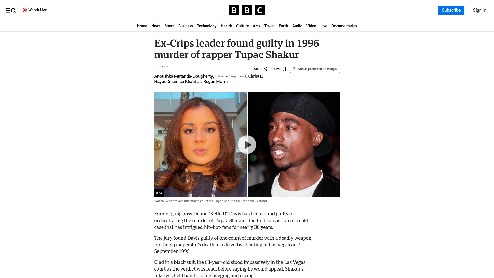 Screenshot of bbc.com: Ex-Crips leader found guilty in 1996 murder of rapper Tupac Shakur