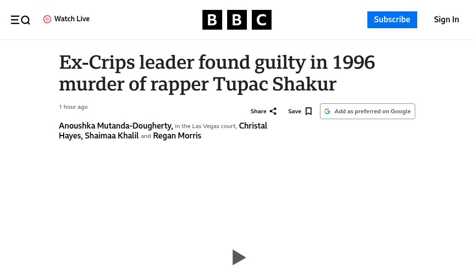 Screenshot of bbc.com: Ex-Crips leader found guilty in 1996 murder of rapper Tupac Shakur