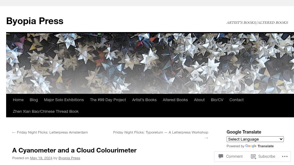 Screenshot of byopiapress.wordpress.com: A Cyanometer and a Cloud Colourimeter