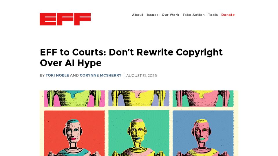 Screenshot of eff.org: EFF to Courts: Don't Rewrite Copyright over AI Hype