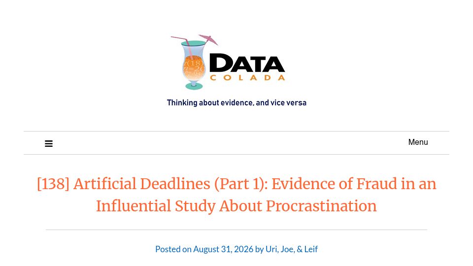Screenshot of datacolada.org: Evidence of Fraud in an Influential Study About Procrastination