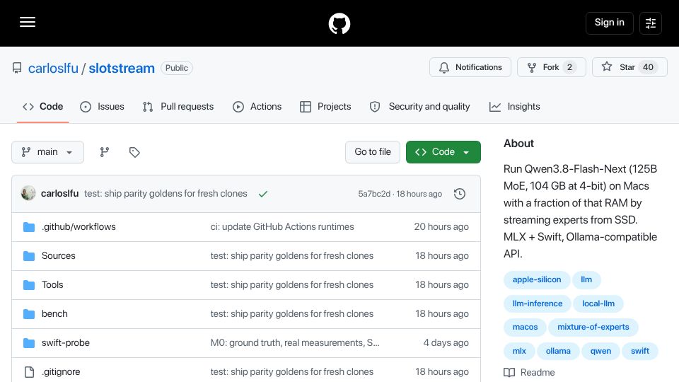 Screenshot of github.com: Show HN: Running 104GB Qwen3.8-Flash-Next on 48GB Mac with at ~12 tok/s