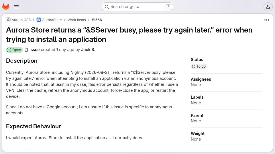 Screenshot of gitlab.com: Play Store blocks AuroraStore, hurting GrapheneOS users