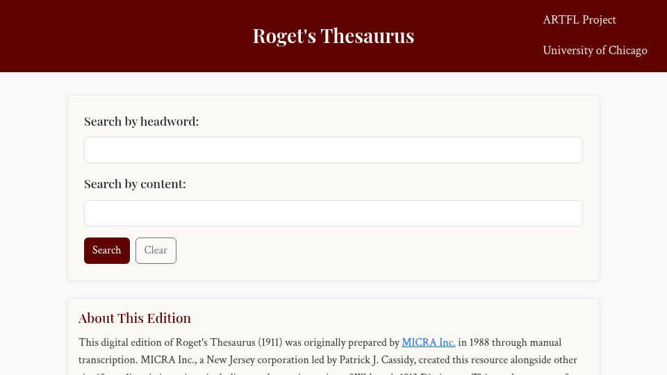 Screenshot of artflsrv04.uchicago.edu: Roget's Thesaurus