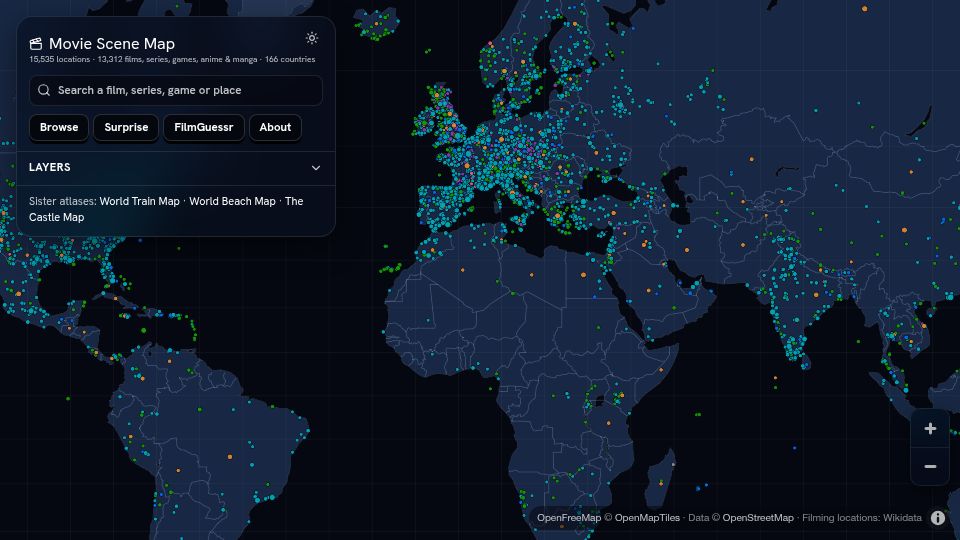 Screenshot of moviescenemap.com: Movie Scene Map – 13,312 films, series, games, anime and manga