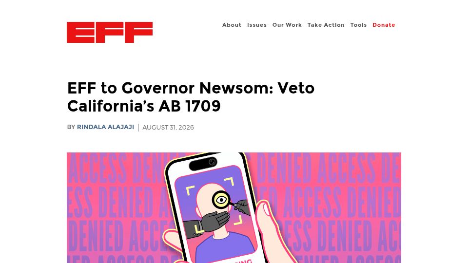 Screenshot of eff.org: EFF to Governor Newsom: Veto California's AB 1709