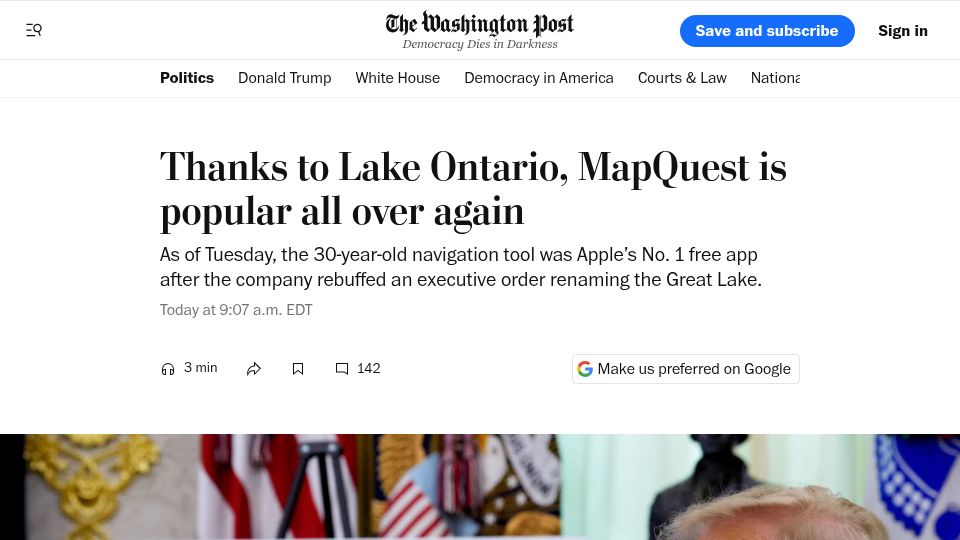Screenshot of washingtonpost.com: Thanks to Lake Ontario, MapQuest is popular all over again