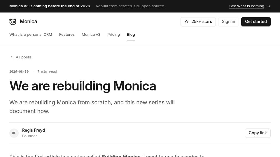 Screenshot of monicahq.com: We are rebuilding Monica