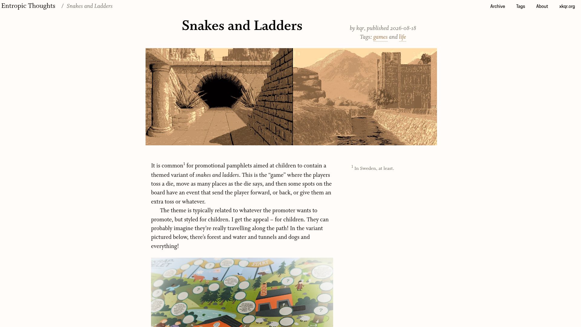 Screenshot of entropicthoughts.com: Snakes and Ladders