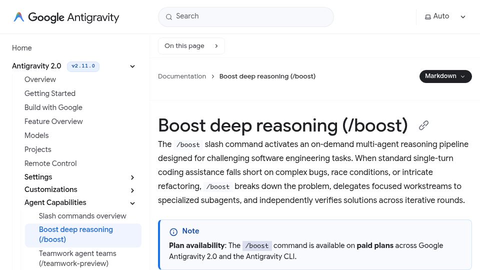 Screenshot of antigravity.google: Google Antigravity introduces Boost deep reasoning (/boost)