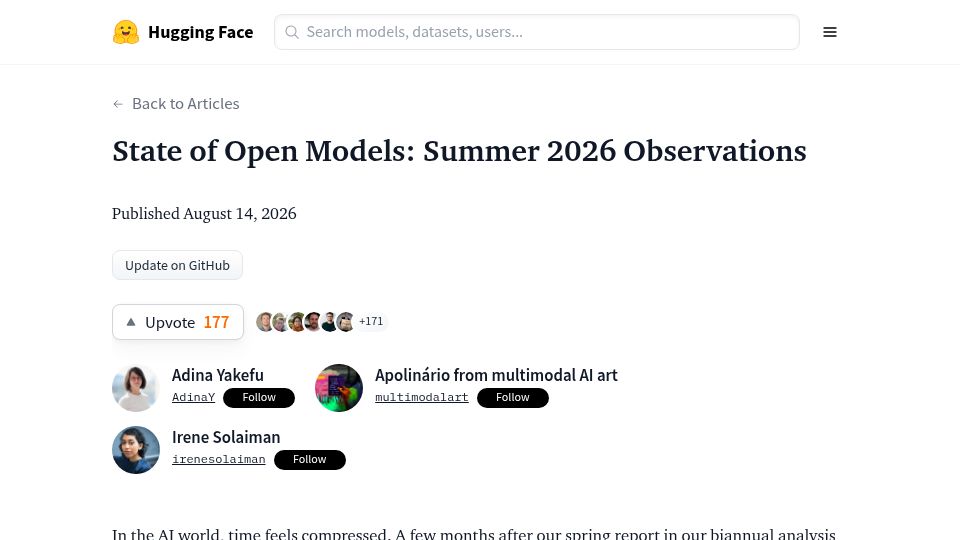 Screenshot of huggingface.co: State of Open Models: Summer 2026 Observations