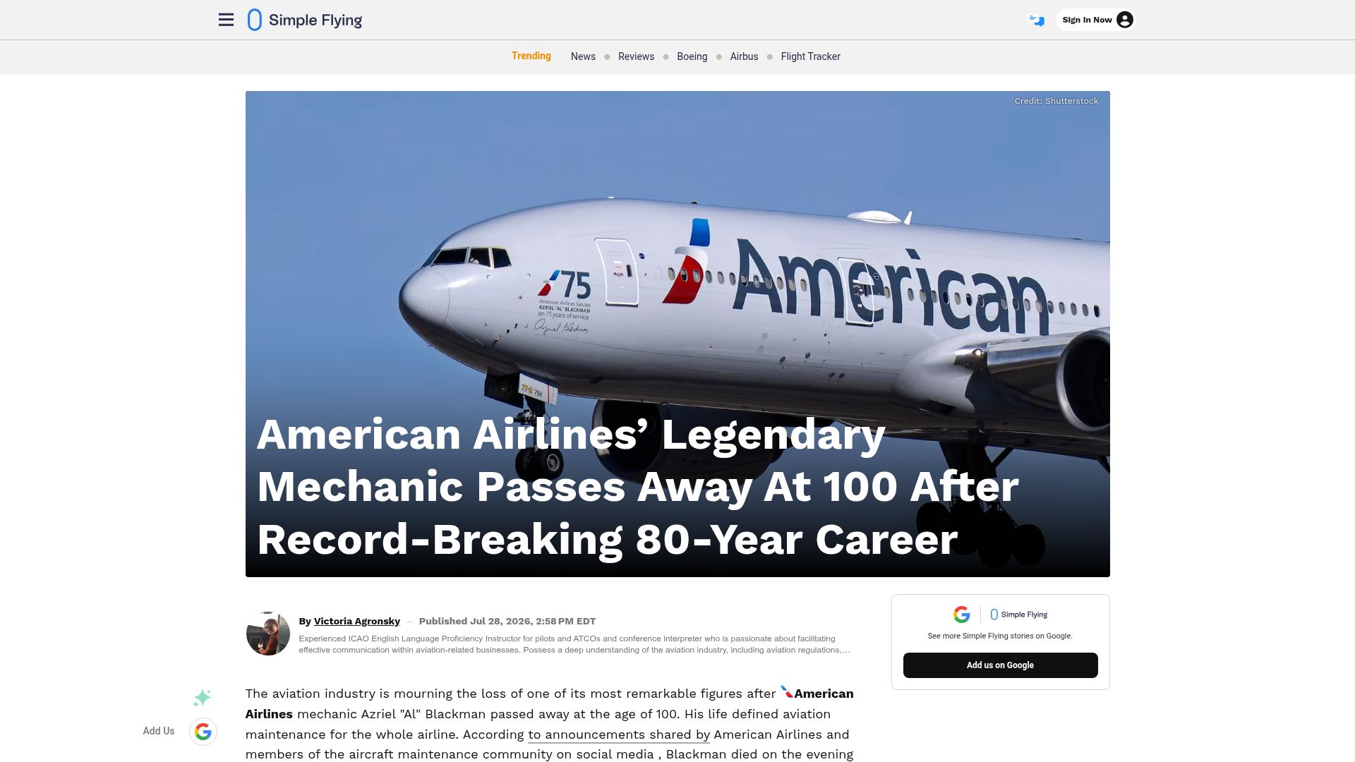 Screenshot of simpleflying.com: American Airlines mechanic Azriel “Al” Blackman has died