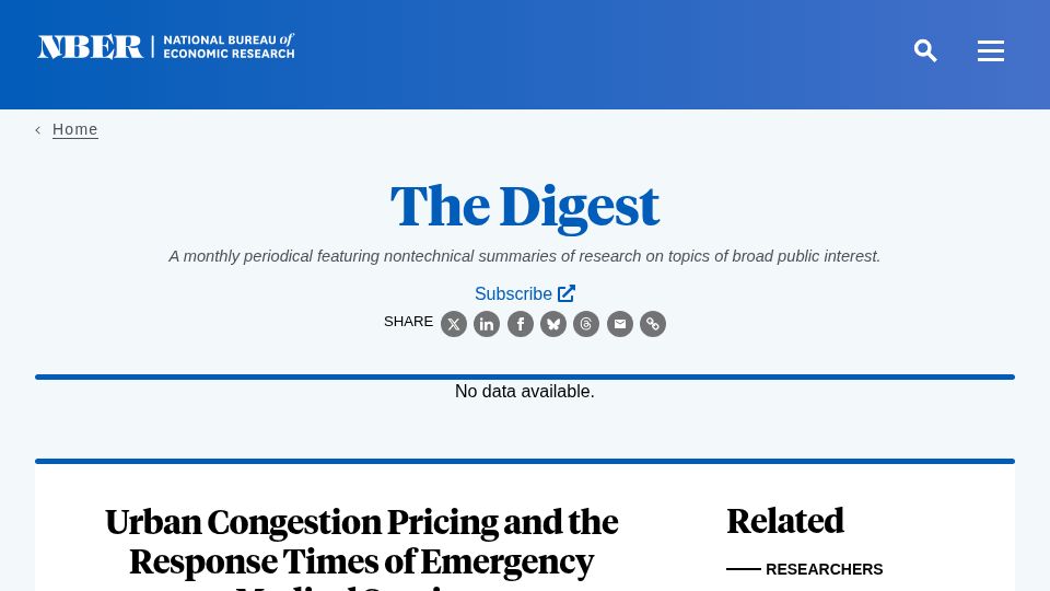 Screenshot of nber.org: Urban Congestion Pricing and the Response Times of Emergency Medical Services