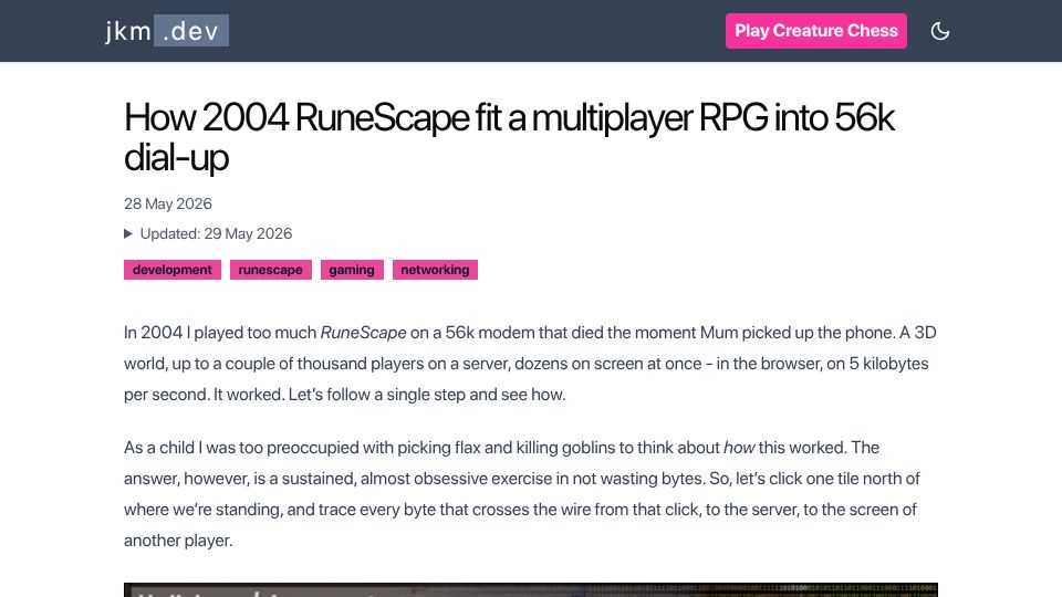 Screenshot of jkm.dev: 2004 RuneScape fit a multiplayer RPG into 56k dial-up
