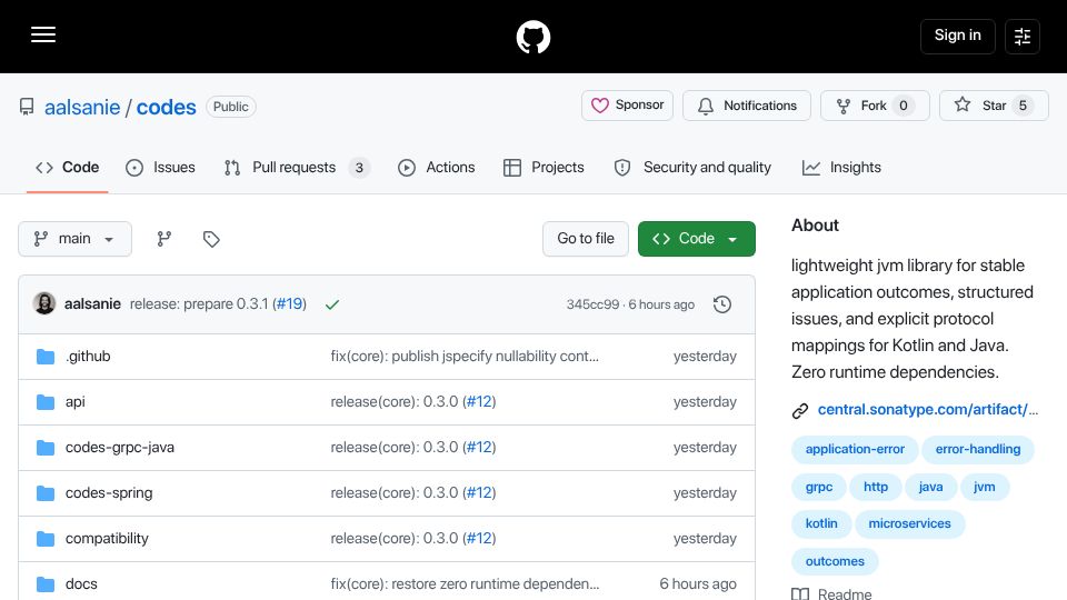 Screenshot of github.com: Codes – typed application outcomes for Kotlin and Java