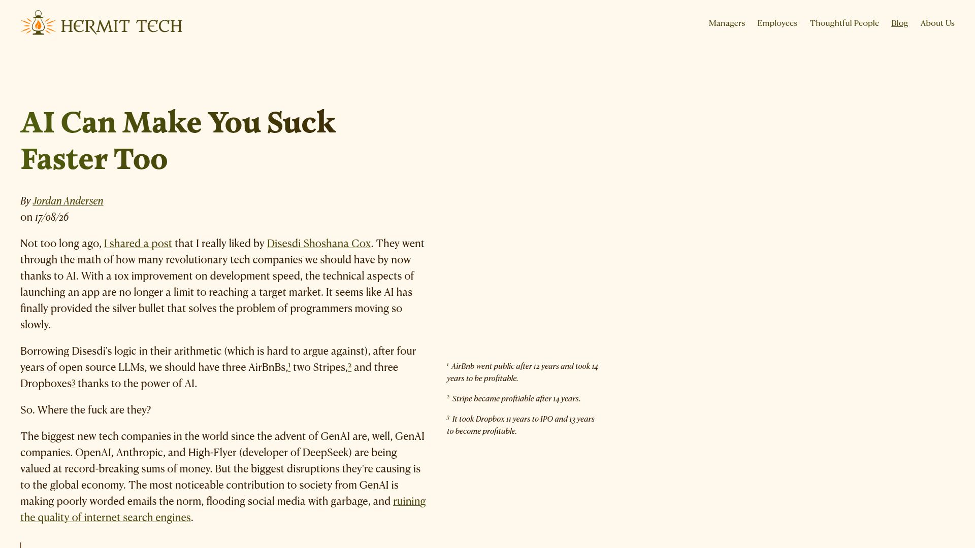 Screenshot of hermit-tech.com: AI Can Make You Suck Faster Too