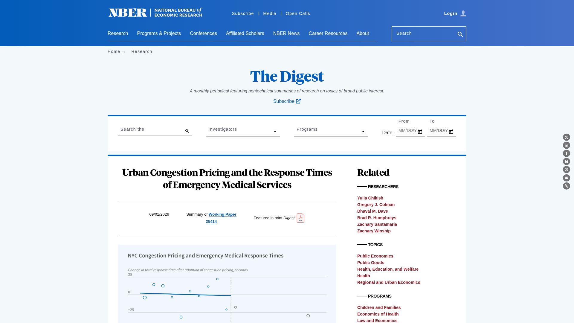 Screenshot of nber.org: Urban Congestion Pricing and the Response Times of Emergency Medical Services