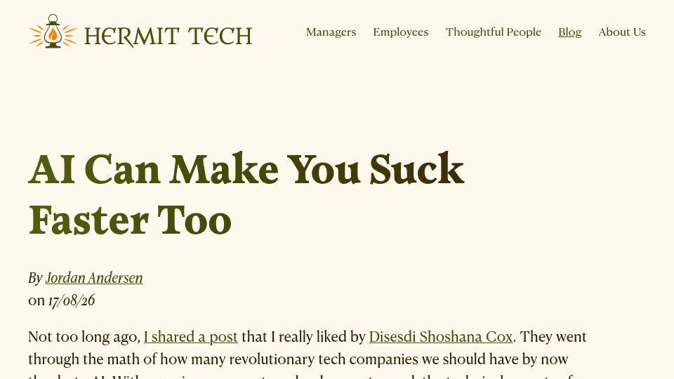 Screenshot of hermit-tech.com: AI Can Make You Suck Faster Too