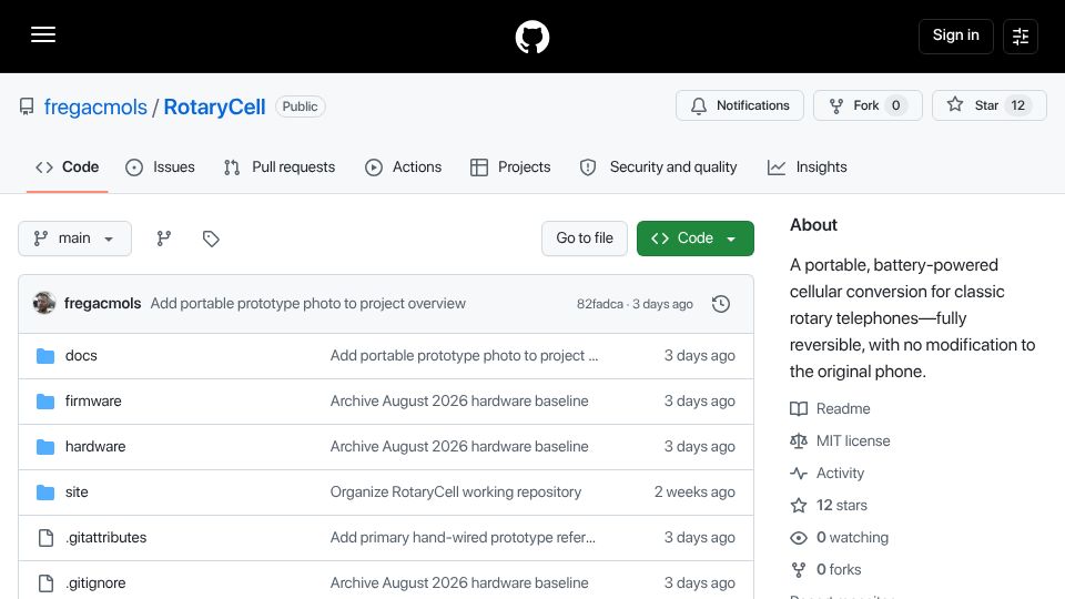 Screenshot of github.com: RotaryCell: Making an unmodified rotary phone work over LTE with an ESP32-S3